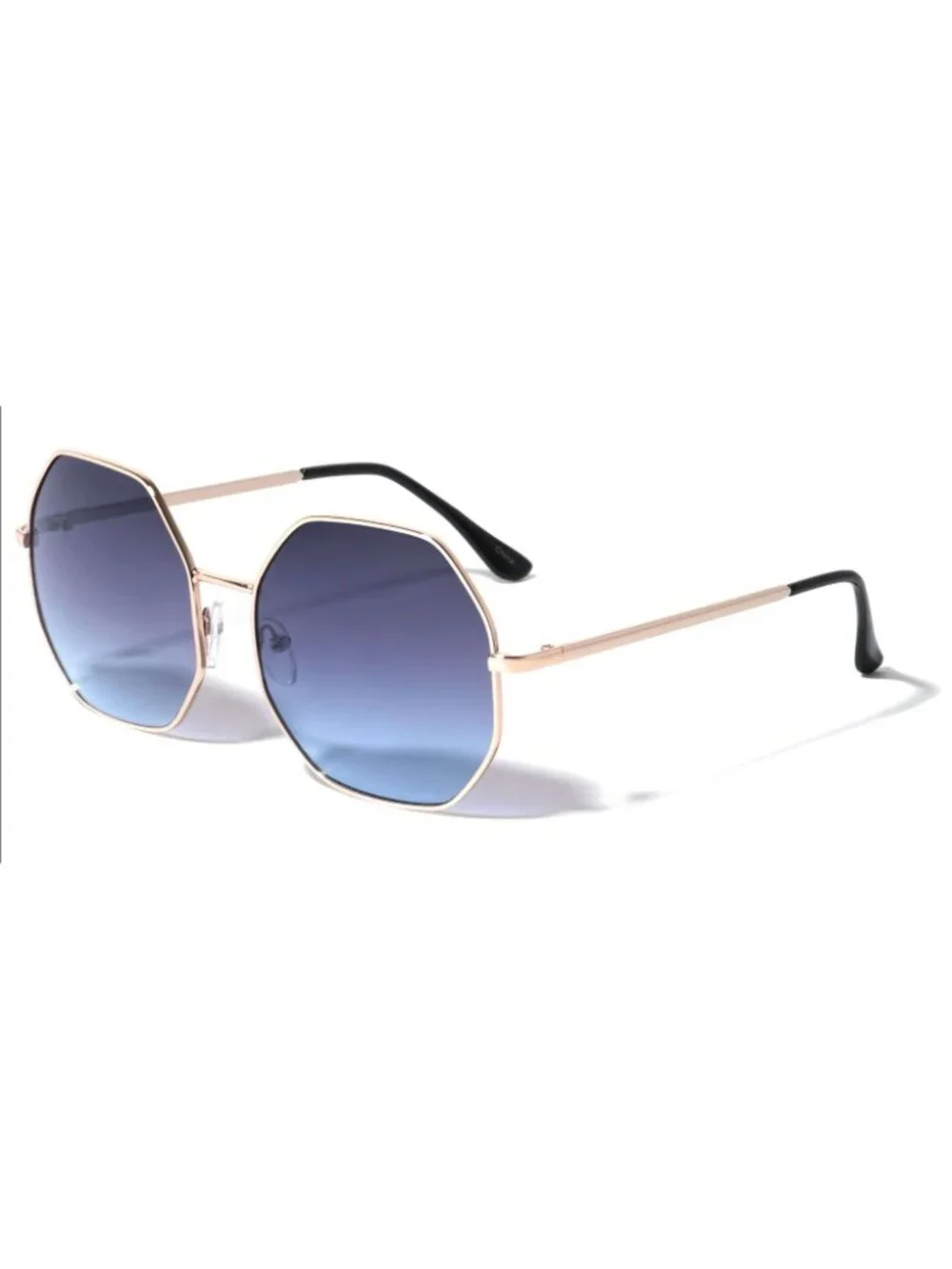 Unisex Octagonal Gold Metal Frame Gradient Black to Blue Lens Sunglasses